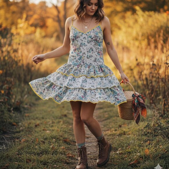 Cottagecore Dress Tiered Ruffle Whimsical Floral Dream - Picture 1 of 16